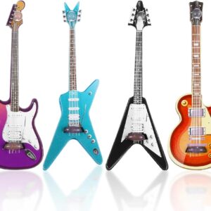 4Pcs Mini Guitar Set, Miniature Electric Guitar & Bass Guitar Ornament, 1:12 Scale Wooden Miniature Musical Instrument for Dollhouse, Mini Music Room, Home Decoration, Guitar Décor
