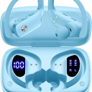 bmani Ear Buds Wireless Earbuds Bluetooth Headphones with 80H Playtime LED Display Case, Over-Ear Hook with Mic, Stereo Sound, Easy Button Controls, Sports Earphones for Running Workout Sky Blue
