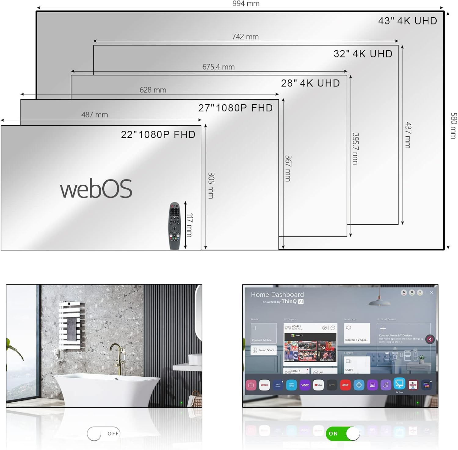 elecsung 28inch 4K UHD Smart TV for Bathroom,Mirror Panel, IP65 Waterproof,Built-in Alexa, WiFi, Bluetooth,Speakers,webOS System - Image 7