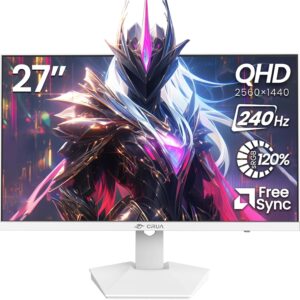 CRUA 27″ 240Hz Gaming Monitor, 2k QHD(2560 * 1440P) IPS Screen Computer Monitor, Supports AMD Freesync, 120% sRGB, Blue Light Filter, Built-in Speakers, Wall Mountable Installs(HDMI 2.0/DP 1.4)-White