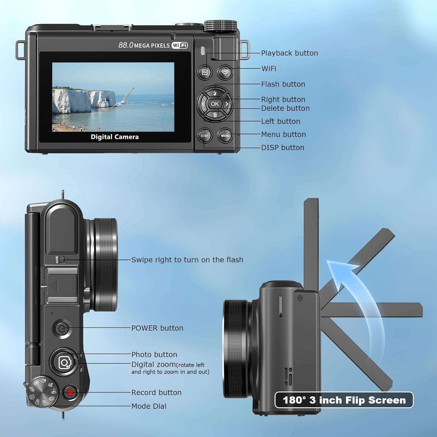 Camera for Photography, 8K 88MP Digital Camera for YouTube, Vlogging Camera with 3" 180° Flip Screen, Fill Light, WiFi, Filters, Beauty Features Includes 32GB Micro SD Card and 2 Batteries(Gunmetal) - Image 8