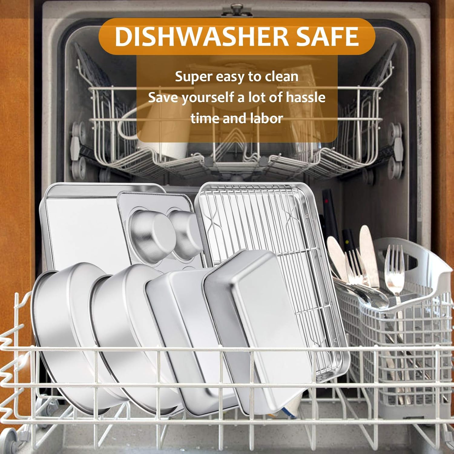 E-far Stainless Steel Baking Pan Set, 9-Piece Bakeware Sets for Cake Cookie Loaf Muffin, Include Round, Square, Rectangle Baking Sheet Pan with Lid & Cooling Rack, Dishwasher Safe - Image 7