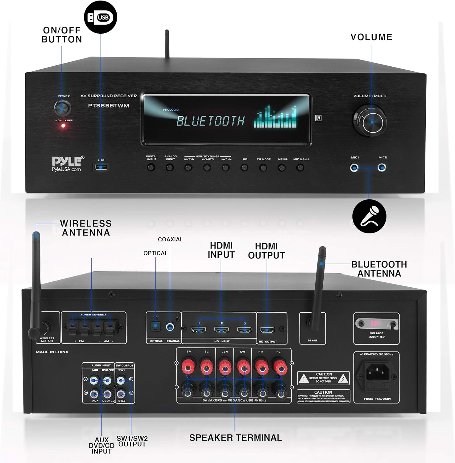 Pyle 1000W 5.2 Channel Home Theater Receiver - Bluetooth 5.0 - Amp w/ 2 UHF Wireless Mics - 4K UHD/3D/Blu-ray Pass-Through - MP3/USB/HDMI/AM/FM Radio - DSP EQ - Mic Echo & Volume Controls - PT888BTWM - Image 2