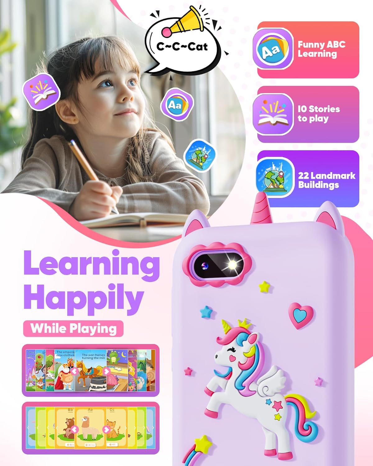 Gifts for Girls Age 6-8 Smart Phone Easter Christmas Stocking Stuffers for Kids Toy for Teenage 3 4 5 7 9 6 8 Year Old Birthday Gift Ideas with 8G SD Card (Purple) - Image 5