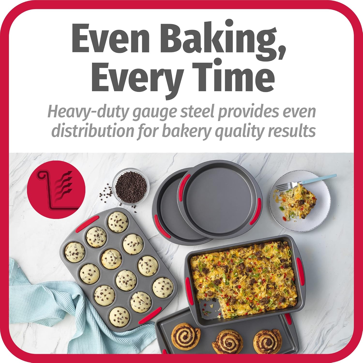 GoodCook 5-Piece Mega Grip Nonstick Bakeware Set – Cookie Sheet Pan, 2 9” Round Cake Pans, 13” x 9” Bake & Roast Pan, 12-Cup Muffin Pan - Baking Supplies, Baking Pans Set - Image 3