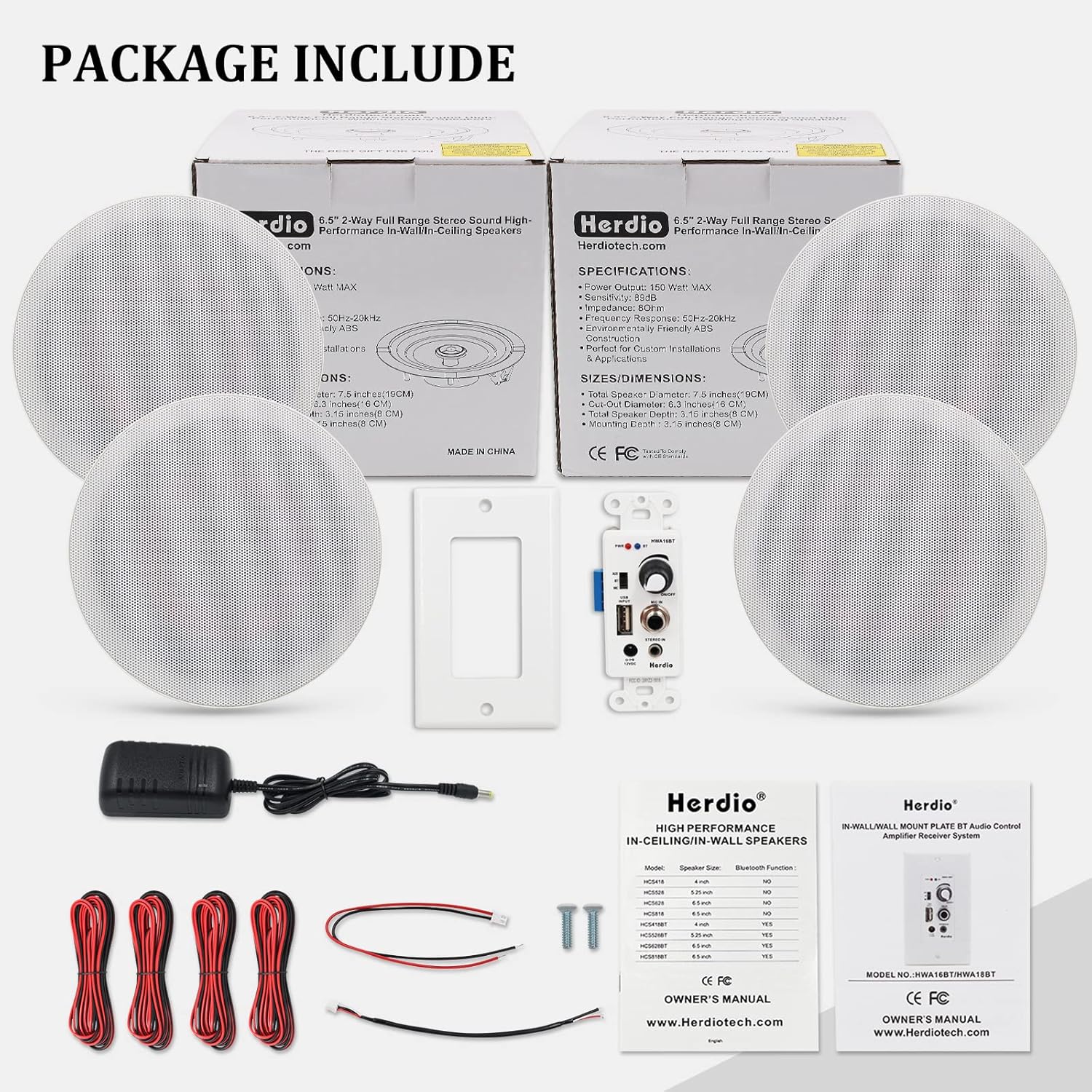 Herdio 6.5'' Bluetooth in Wall in Ceiling Speakers 600W 2-Way Flush Mount Speakers System with Wall Amplifier Receiver for Home Theater Office Bathroom(2Pairs, Paintable-Grille) - Image 7