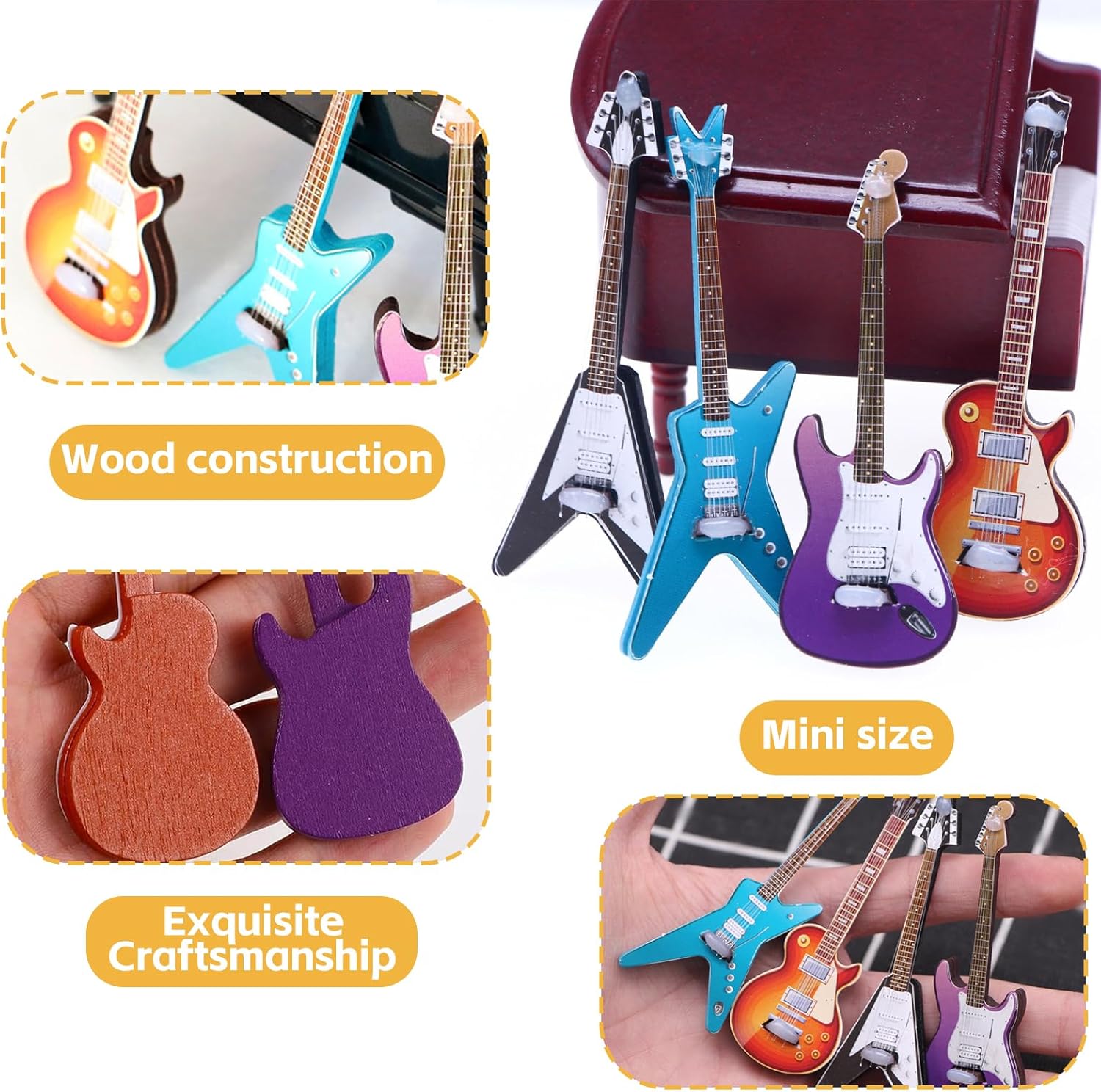 4Pcs Mini Guitar Set, Miniature Electric Guitar & Bass Guitar Ornament, 1:12 Scale Wooden Miniature Musical Instrument for Dollhouse, Mini Music Room, Home Decoration, Guitar Décor - Image 3