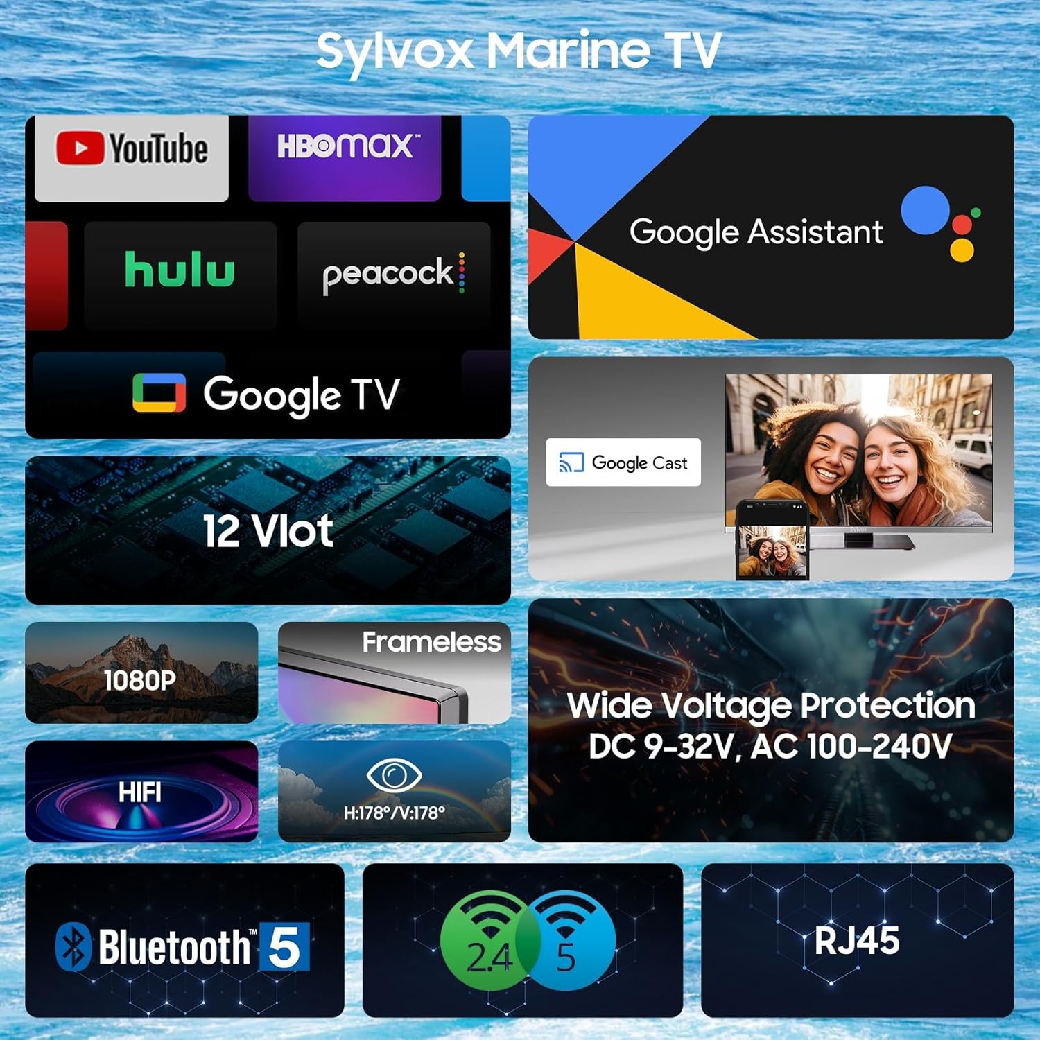 SYLVOX 12 Volt TV, 40" Smart Television 1080P with Google OS Support Voice Remote Screencast ATSC NTSC WiFi Bluetooth HDMI USB, AC/DC Powered, 12V TV for RV Camper Boat Coastal Home (Marine Series) - Image 3