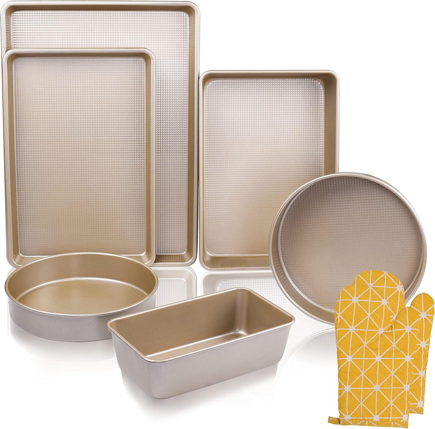 Kitcom Nonstick Bakeware Sets Textured 6-Piece with Cookie Sheet Set, Roasting Pan, Round Cake Pan, Loaf Pan, Heavy Duty Carbon Steel Premium Baking Pans, Champagne Gold