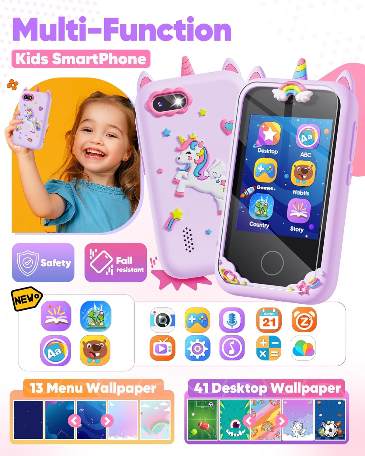 Gifts for Girls Age 6-8 Smart Phone Easter Christmas Stocking Stuffers for Kids Toy for Teenage 3 4 5 7 9 6 8 Year Old Birthday Gift Ideas with 8G SD Card (Purple) - Image 2