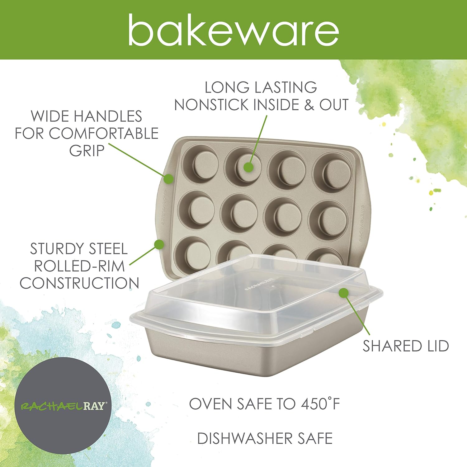 Rachael Ray Nonstick Bakeware Set without Grips includes Nonstick Baking Pan with Lid and Muffin Pan / Cupcake Pan - 3 Piece, Silver - Image 9