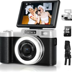 4K Digital Camera for Photography, 64MP Flip Screen Digital Camera for YouTube Vlogging, Selfies, Use with LED Light, 64GB Memory Card, Compact Design for Travel, Perfect for Teens and Beginners