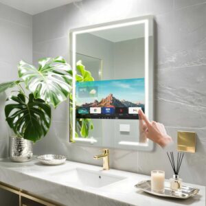 24×32” Bathroom Vanity Mirror with 21.5” Touch-Screen Smart TV, Streaming APP, Waterproof Defogging TV Mirror with 3 Color LED Light WiFi Bluetooth HDMI for Bathroom Hotel Hair Salon (2025)