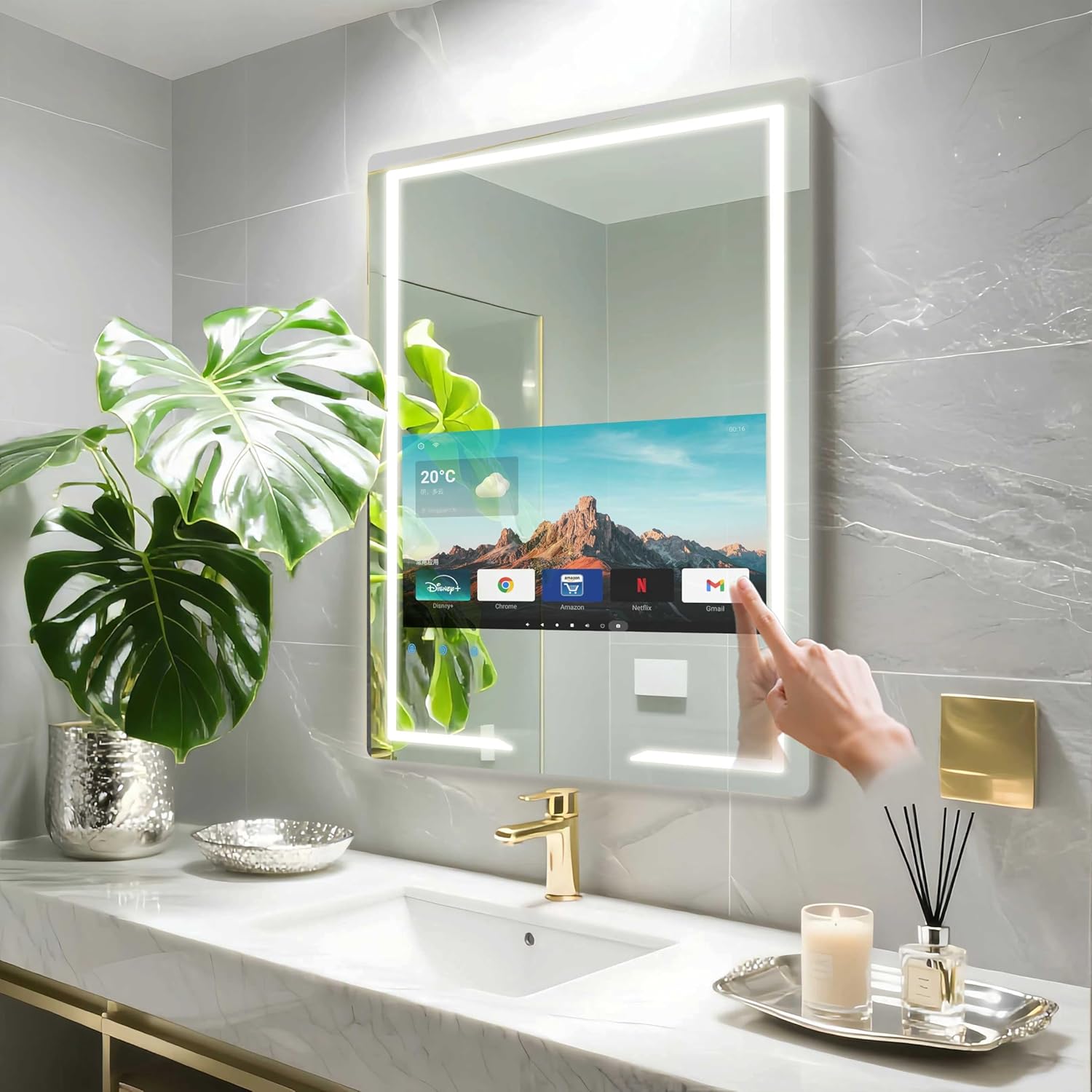 24x32'' Bathroom Vanity Mirror with 21.5'' Touch-Screen Smart TV, Streaming APP, Waterproof Defogging TV Mirror with 3 Color LED Light WiFi Bluetooth HDMI for Bathroom Hotel Hair Salon (2025)
