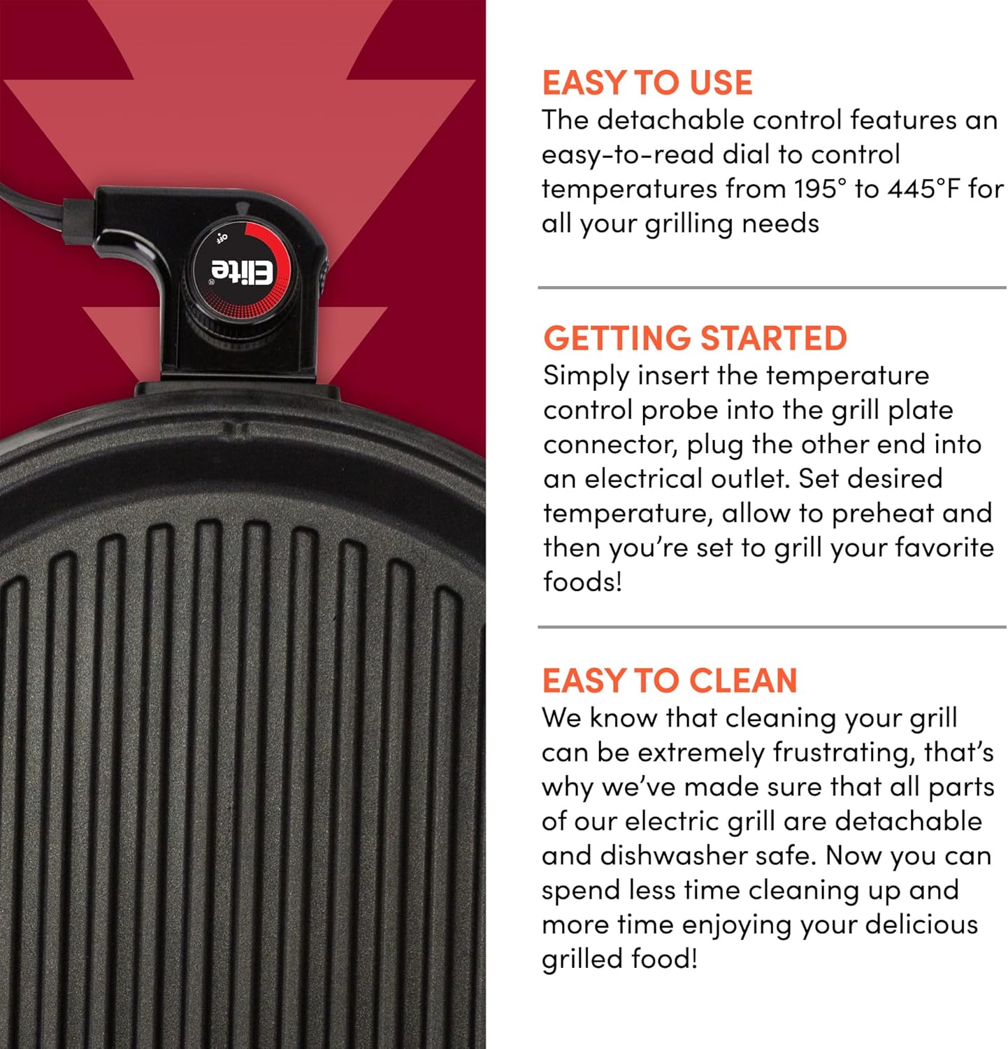 Elite Gourmet EMG6505G 12" Smokeless Indoor Electric BBQ Grill with Glass Lid Dishwasher Safe, Nonstick, Adjustable Temperature, Fast Heat Up, Low-Fat Meals Easy to Clean Design - Image 5