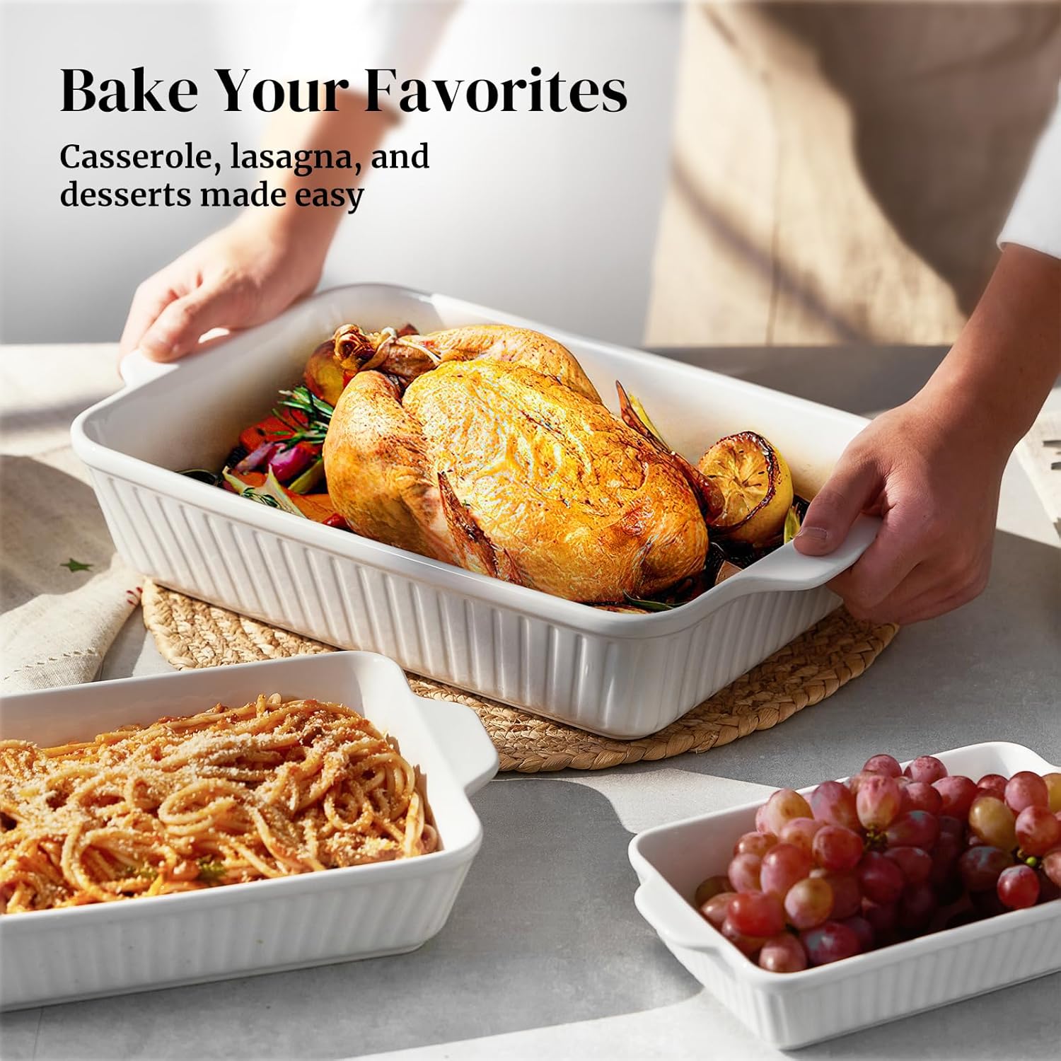 DOWAN Casserole Dishes for Oven, Baking Dishes Set, Ceramic Bakeware Sets of 3, Lasagna Pan Deep, Rectangular Baking Pan Set with Handles for Baking, Casserole, Kitchen, Wedding Gift, Soft White (15.6''/12.2''/8.9'') - Image 3
