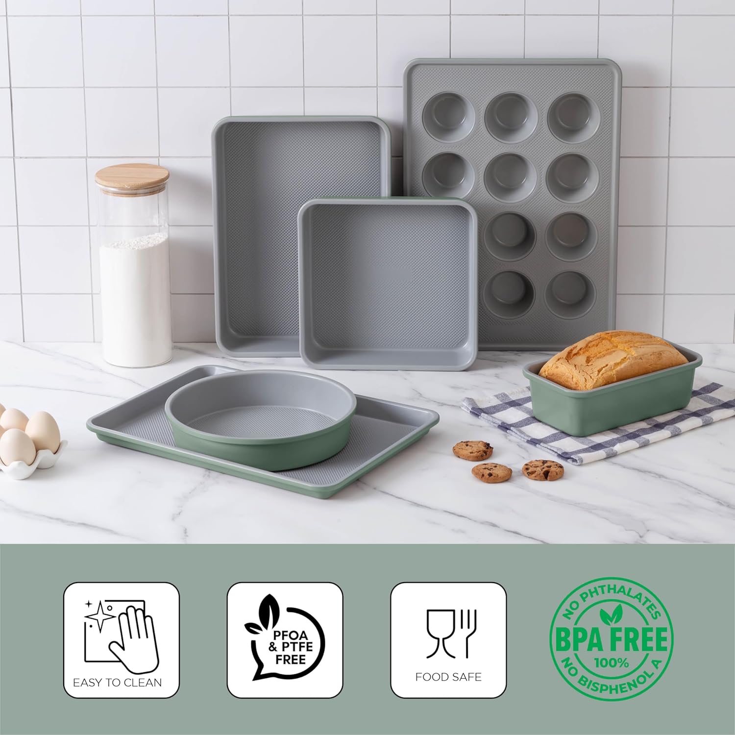 Country Kitchen Nonstick Stackable Bakeware Set - Durable, Easy Release Baking Set, Sage, 6 Pcs - Image 2