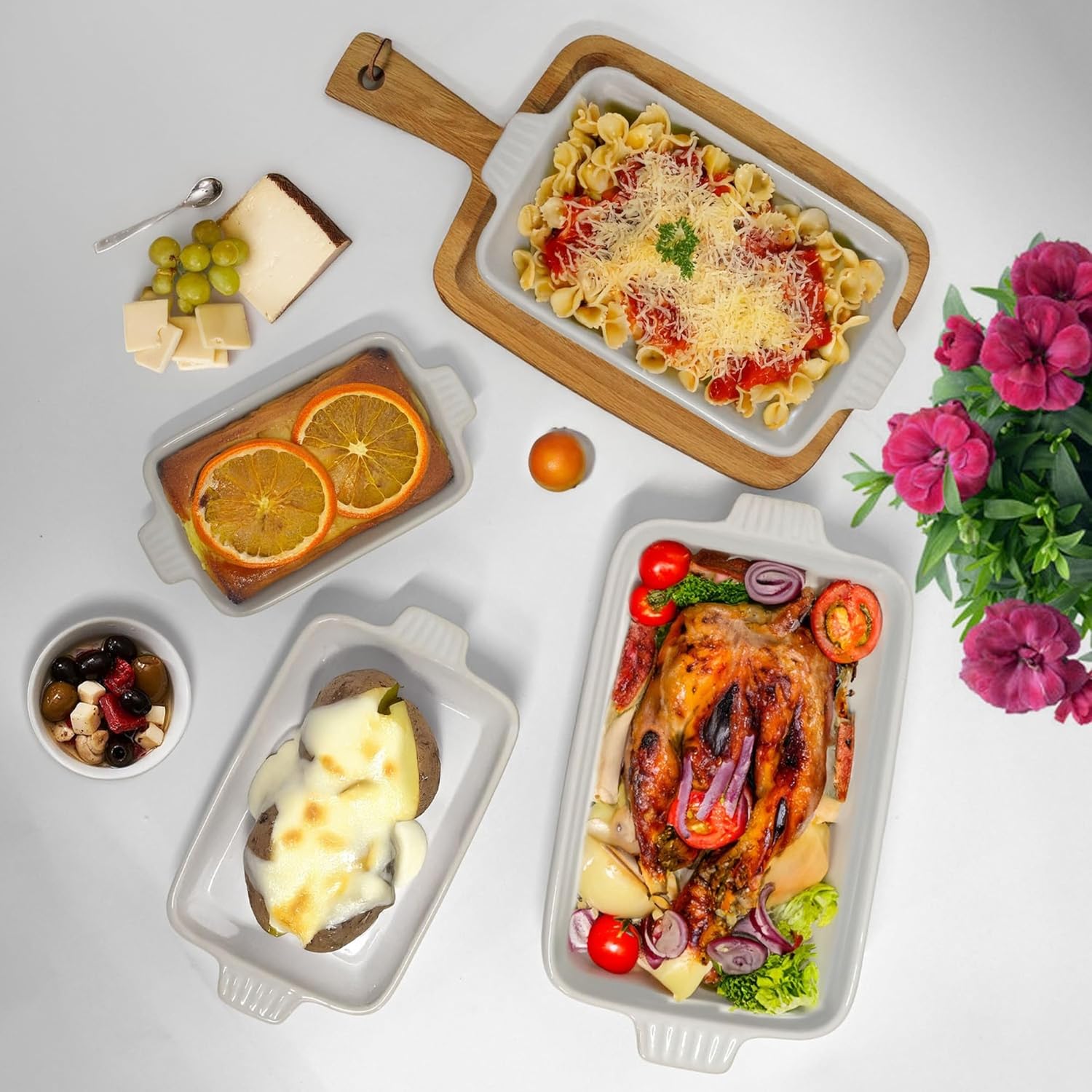 Emeril Lagasse Casserole Dishes for Oven, 4pc Ceramic Bakeware Set, Rectangular Deep Lasagna Pans with Handles, White - Image 3