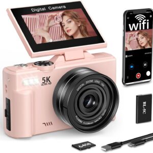 FLATIC Digital Camera, 5K 75MP Cameras for Photography with WiFi & 64GB TF Card, Autofoucs Vlogging Camera for YouTube with 180° Flip Screen, Compact Vlog Travel Camera Kit for Beginner, Teens, Pink
