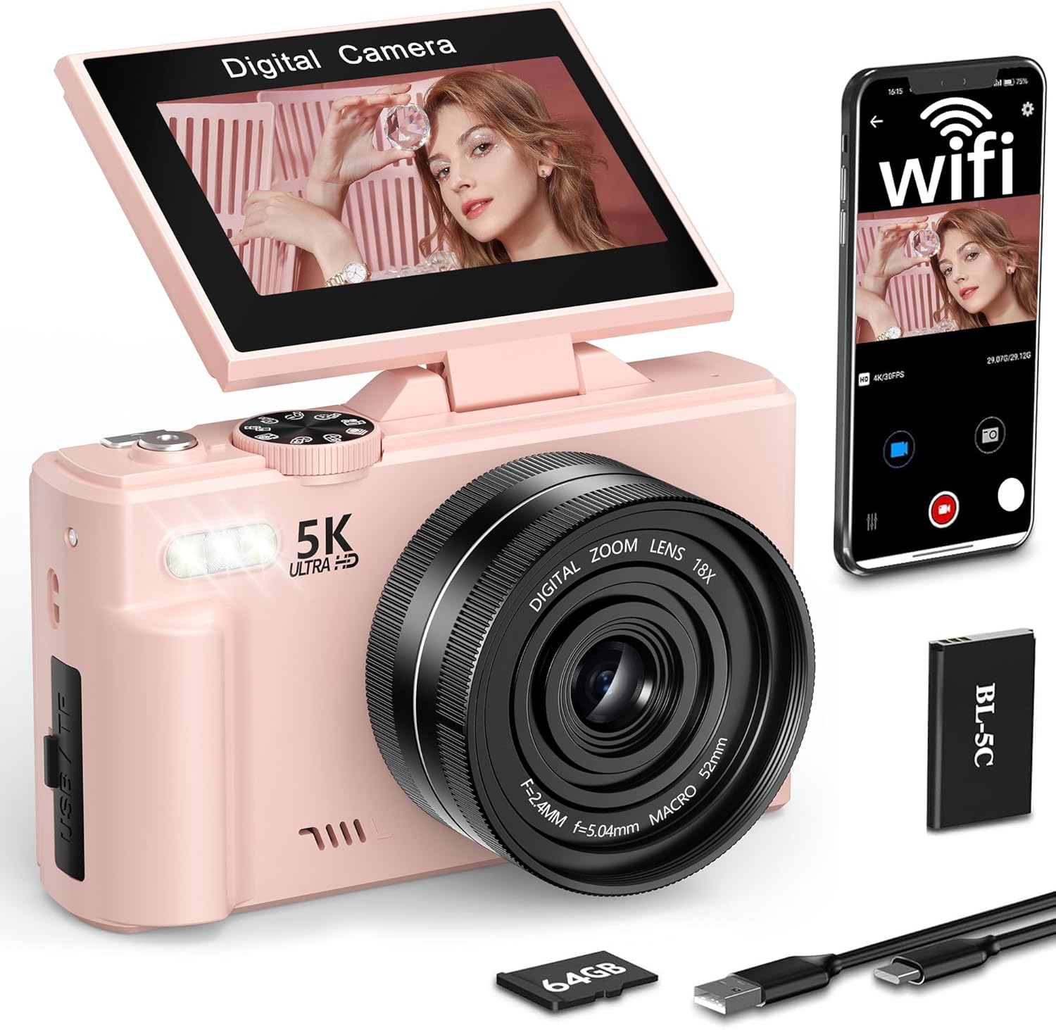 FLATIC Digital Camera, 5K 75MP Cameras for Photography with WiFi & 64GB TF Card, Autofoucs Vlogging Camera for YouTube with 180° Flip Screen, Compact Vlog Travel Camera Kit for Beginner, Teens, Pink