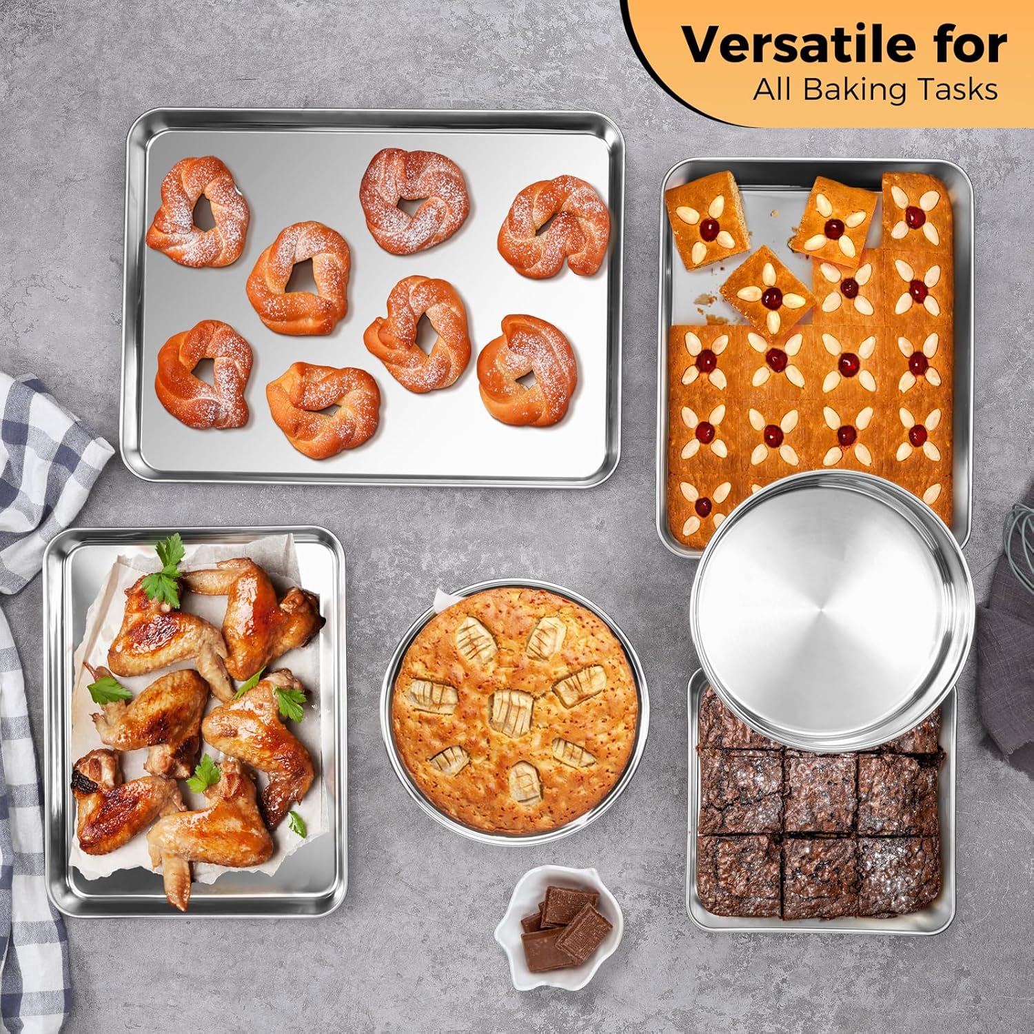 E-far Stainless Steel Baking Pan Set, 6-Piece Metal Bakeware Sets Include Cookie Sheet, Round Square Rectangle Cake Pans, Non-toxic & Dishwasher Safe - Image 4