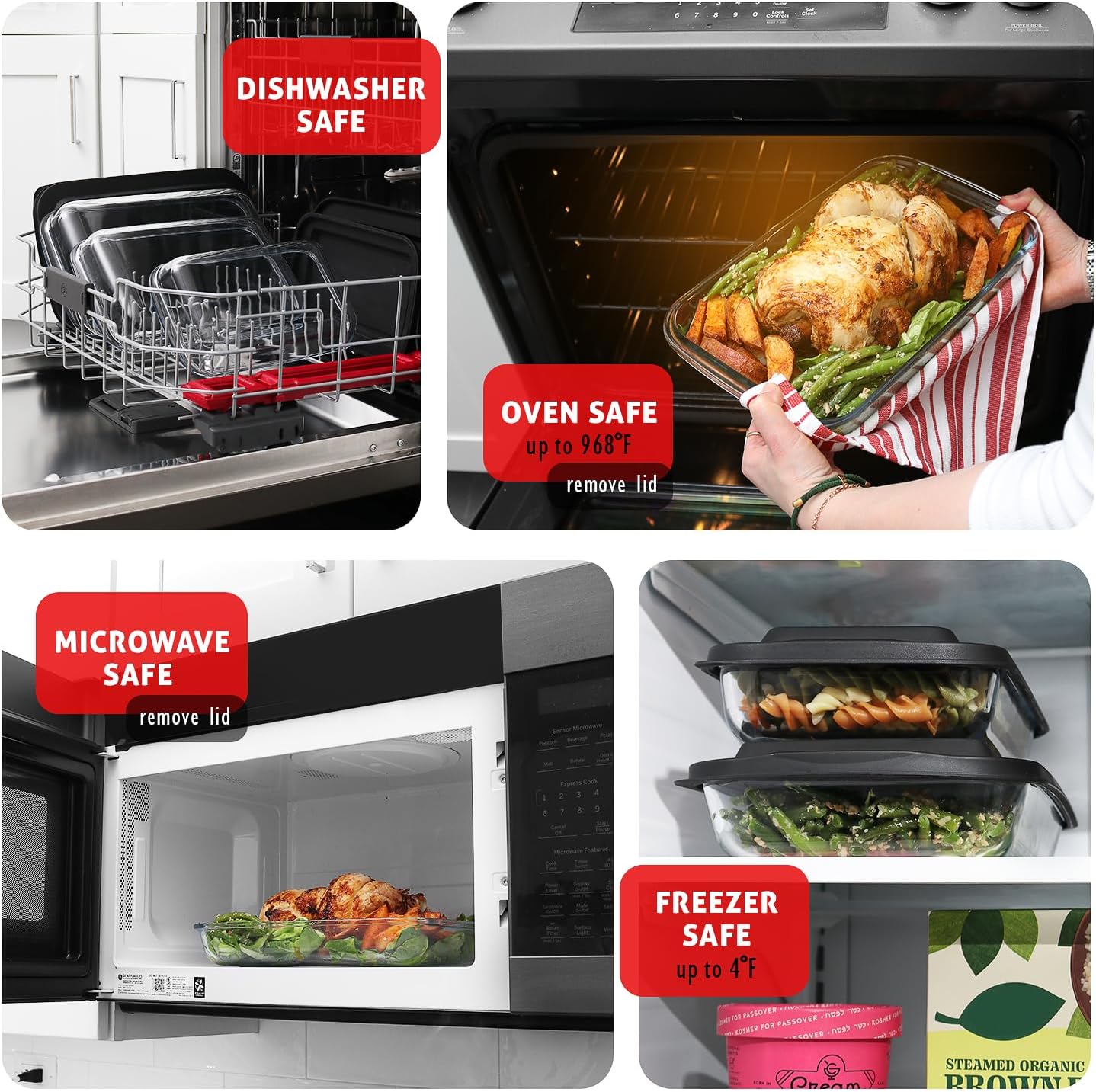 Eatex 8-Piece Deep Glass Casserole Dishes for Oven with Plastic Lids, Glass Baking Dishes for Oven, Rectangular Bakeware for Lasagna, Cooking, Leftovers, Kitchen, Freezer to Oven Dishwasher Safe - Image 3