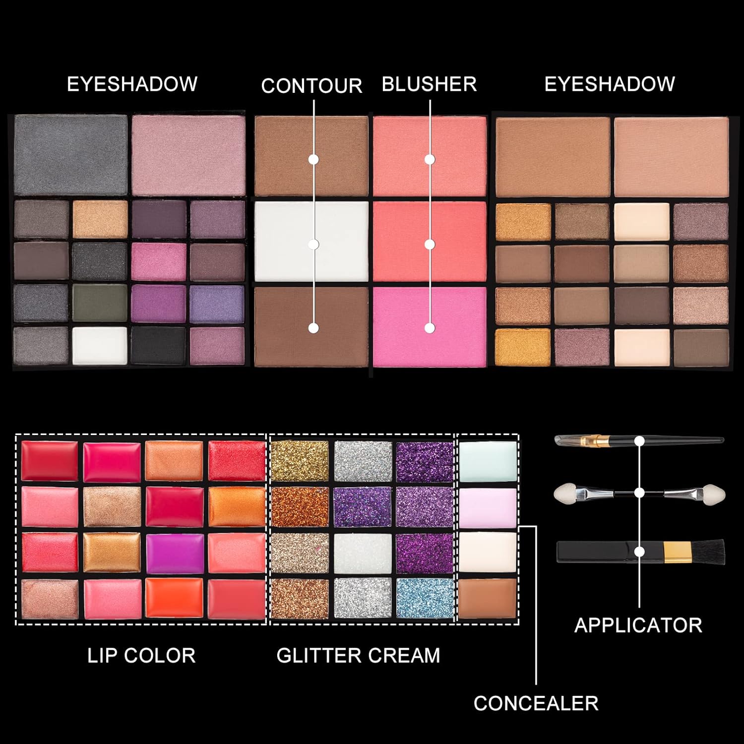 All In One Makeup Gift Kit - Ultimate Color Combination - 36 Eyeshadow, 28 Lip Gloss, 3 Blusher, 4 Concealer, 3 Contour Powder, 3 Brushes, 1 Mirror, 74 Colors Palette Set - Image 2