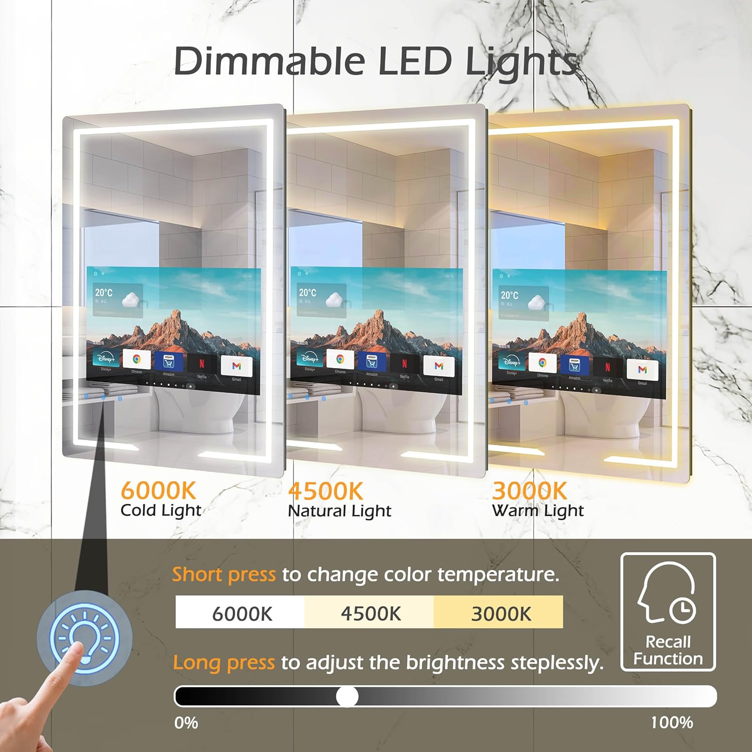 24x32'' Bathroom Vanity Mirror with 21.5'' Touch-Screen Smart TV, Streaming APP, Waterproof Defogging TV Mirror with 3 Color LED Light WiFi Bluetooth HDMI for Bathroom Hotel Hair Salon (2025) - Image 6