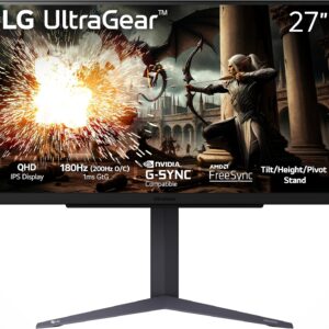 LG 27GS75Q-B 27-inch Ultragear QHD (2560×1440) Gaming Monitor, 180Hz (O/C 200Hz), 1ms, IPS, NVIDIA G-SYNC Compatible, AMD FreeSync, HDR10, Tilt/Height/Pivot Stand, HDMI, DisplayPort, Black