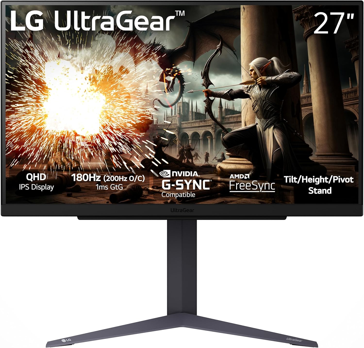 LG 27GS75Q-B 27-inch Ultragear QHD (2560x1440) Gaming Monitor, 180Hz (O/C 200Hz), 1ms, IPS, NVIDIA G-SYNC Compatible, AMD FreeSync, HDR10, Tilt/Height/Pivot Stand, HDMI, DisplayPort, Black
