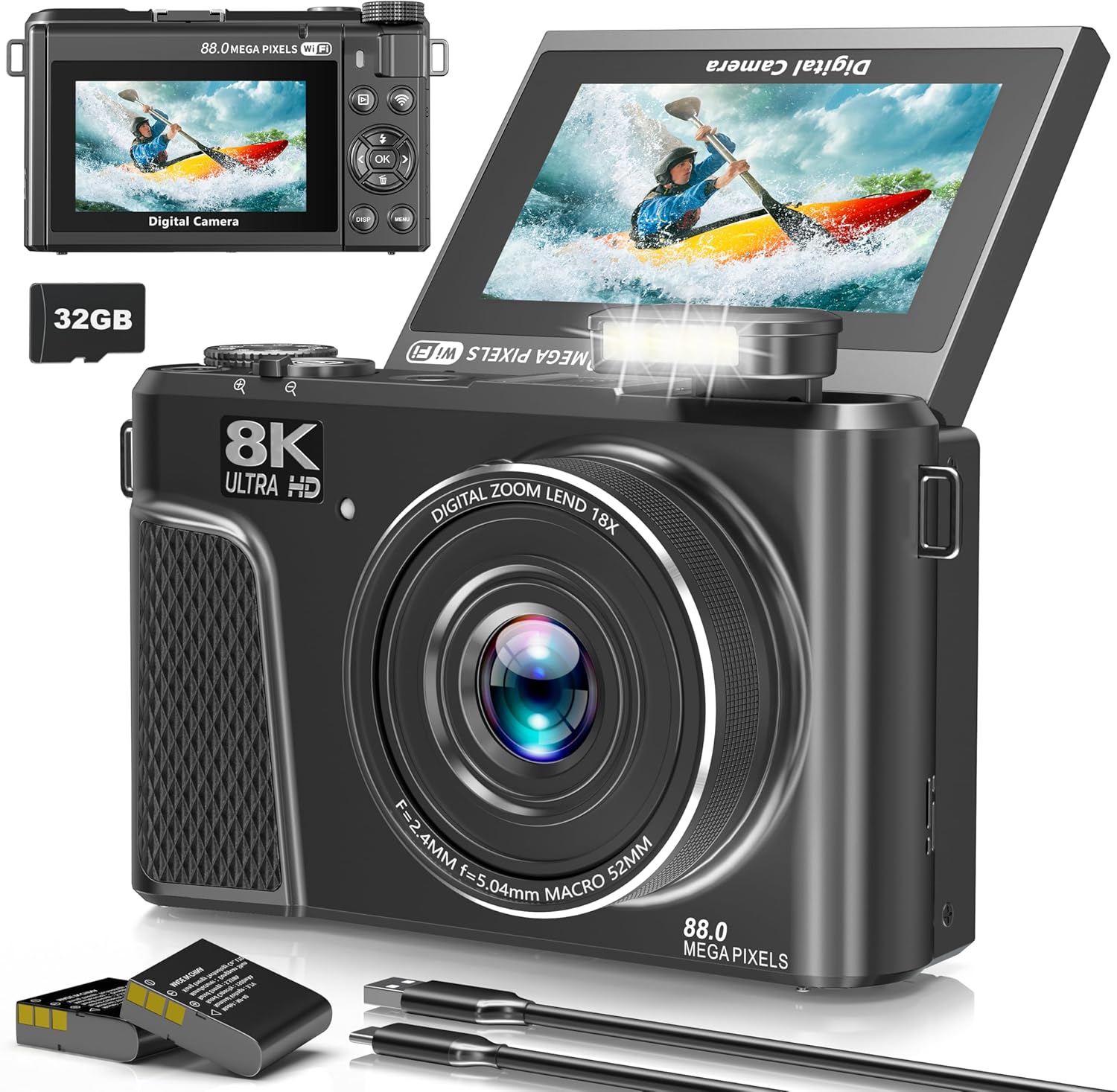 Camera for Photography, 8K 88MP Digital Camera for YouTube, Vlogging Camera with 3" 180° Flip Screen, Fill Light, WiFi, Filters, Beauty Features Includes 32GB Micro SD Card and 2 Batteries(Gunmetal)