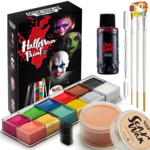 Spooktacular Creations 8 PCS Halloween Makeup Kit SFX Face Body Paint Set with Wound Scar Wax,12 Colors Face Paint Palette,Fake Blood,Spatula,Brushes for Halloween Costume,Zombie Makeup Dress Up