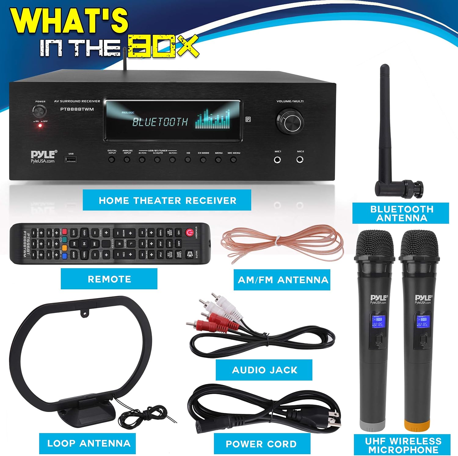 Pyle 1000W 5.2 Channel Home Theater Receiver - Bluetooth 5.0 - Amp w/ 2 UHF Wireless Mics - 4K UHD/3D/Blu-ray Pass-Through - MP3/USB/HDMI/AM/FM Radio - DSP EQ - Mic Echo & Volume Controls - PT888BTWM - Image 7