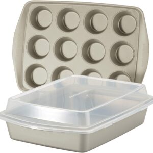 Rachael Ray Nonstick Bakeware Set without Grips includes Nonstick Baking Pan with Lid and Muffin Pan / Cupcake Pan – 3 Piece, Silver