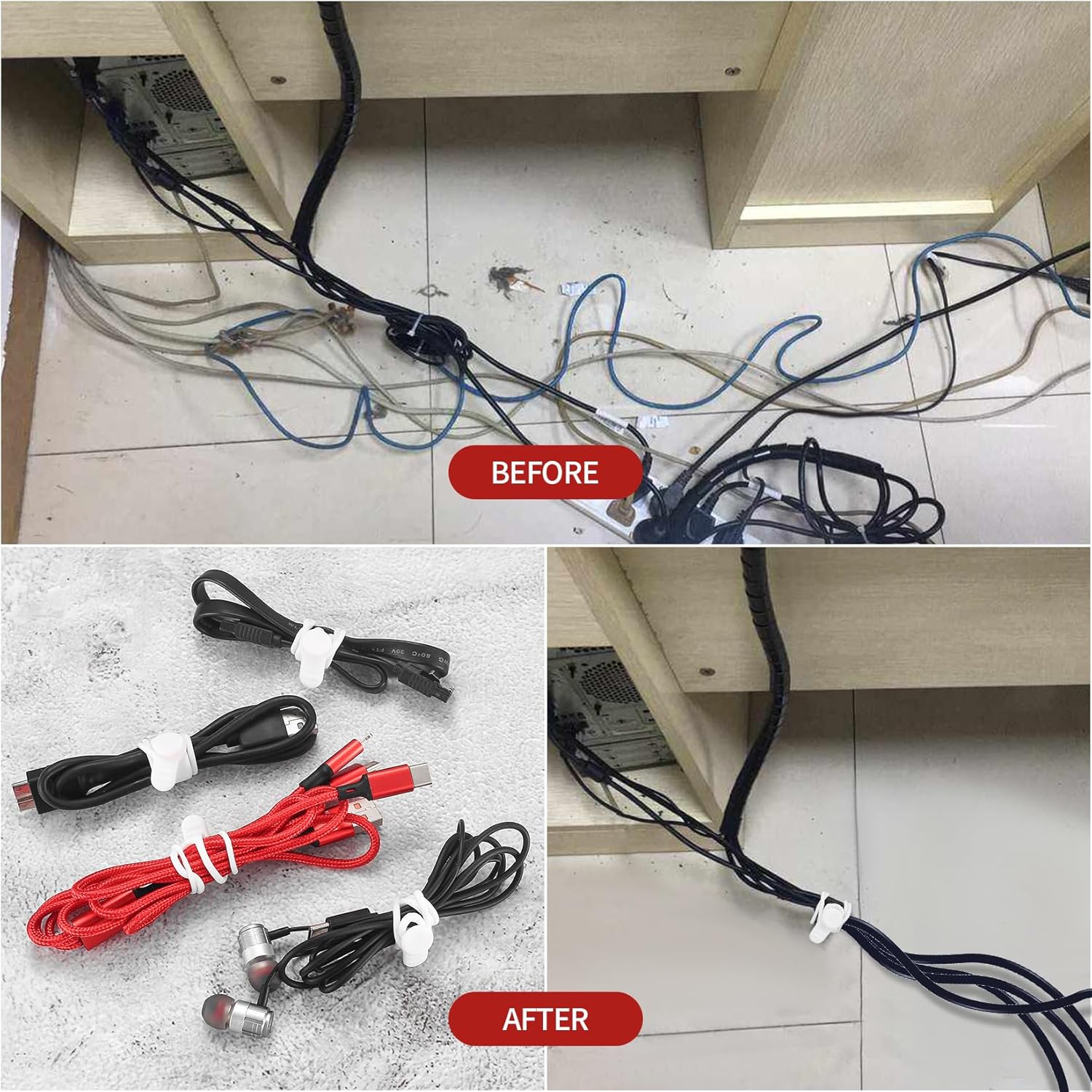 50 Pcs Silicone Cable Ties, Reusable Cable Straps Wire Organizer, Cable Management Cord Organizer for Fastening Earphone Phone Charger Home Office Desk Kitchen Appliances Cable Cords Wires - Image 7