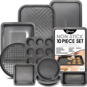 Perlli Baking Pan 10 Piece Set Nonstick Carbon Steel Gray Oven Bakeware Kitchen Set, 2 Cookie Sheets, 2 Round Cake Pans, Square Pan, Roasting Pan, Loaf Pan, Crisp Pan, Pizza Crisper, & Muffin Pan