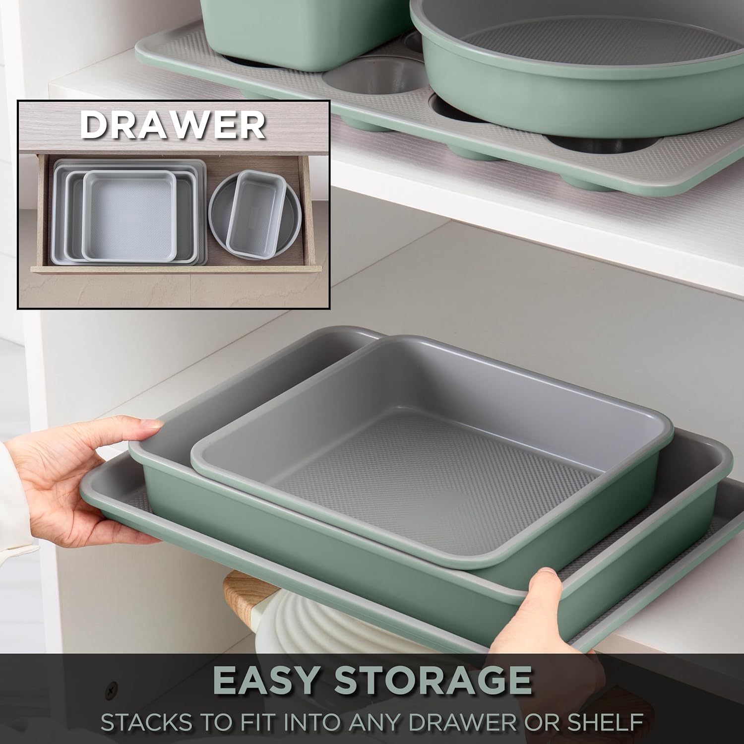 Country Kitchen Nonstick Stackable Bakeware Set - Durable, Easy Release Baking Set, Sage, 6 Pcs - Image 7