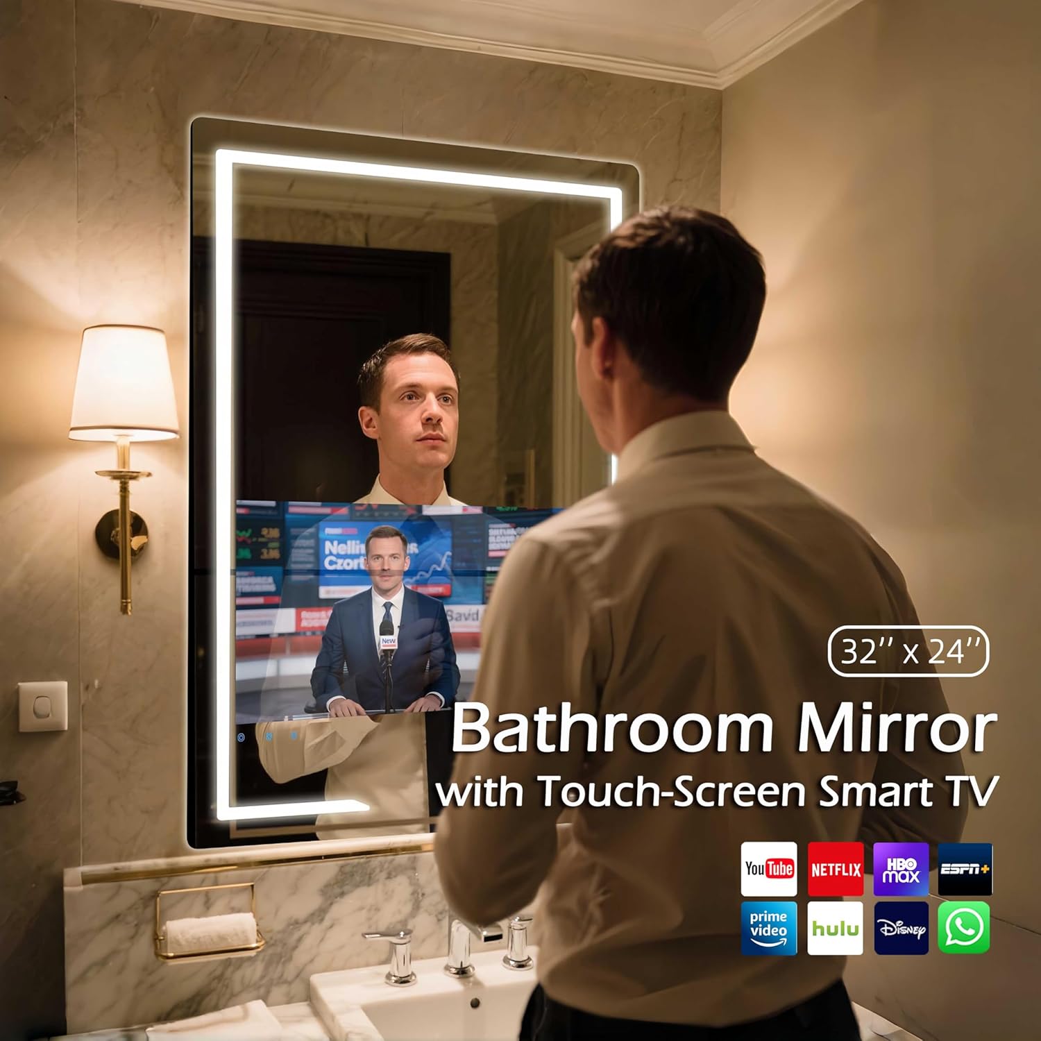 24x32'' Bathroom Vanity Mirror with 21.5'' Touch-Screen Smart TV, Streaming APP, Waterproof Defogging TV Mirror with 3 Color LED Light WiFi Bluetooth HDMI for Bathroom Hotel Hair Salon (2025) - Image 3