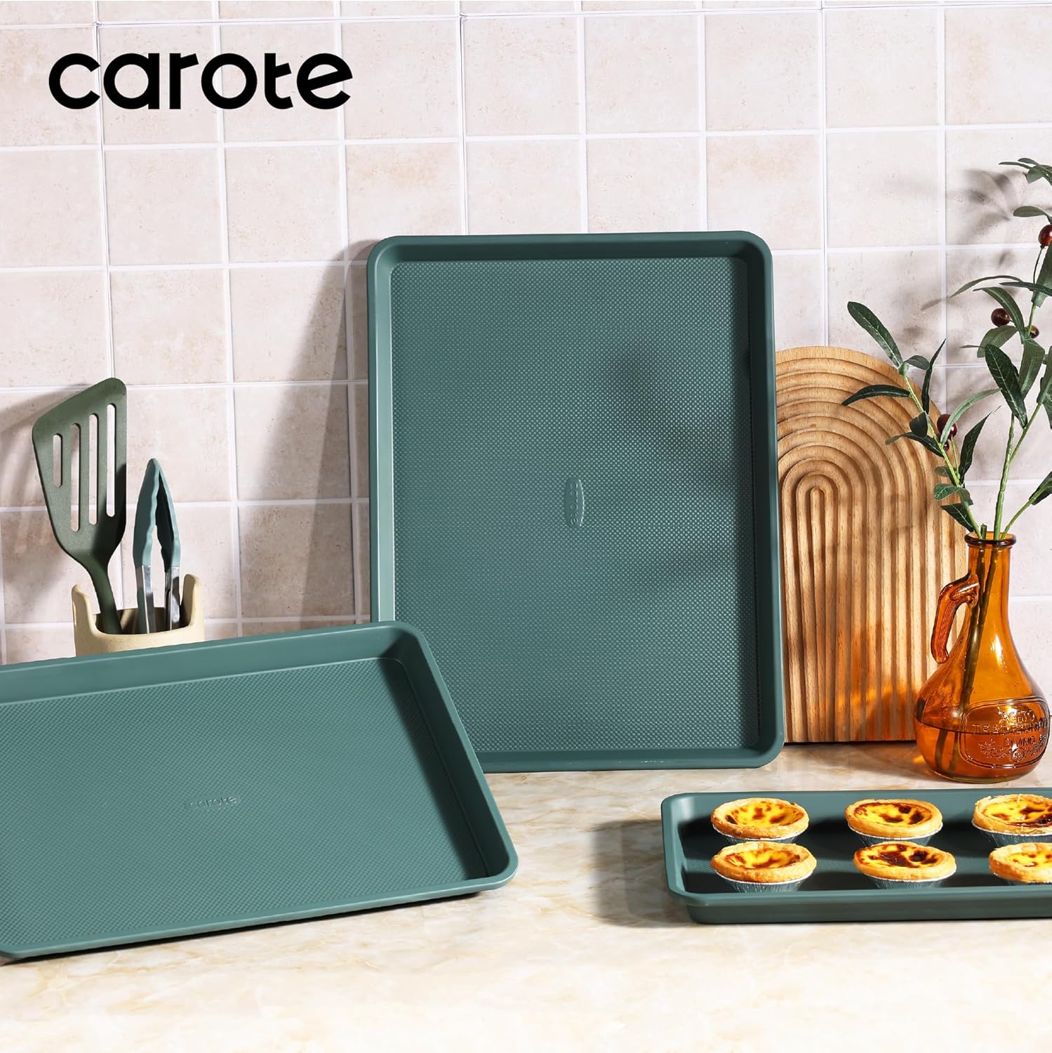 CAROTE 3-Piece Baking Pan Set - Bakeware Set, Baking Sheet Set Including 13 Inch 15 Inch 17 Inch Sheet Pan, Cookie Sheet for Baking, Deep Olive Green - Image 8
