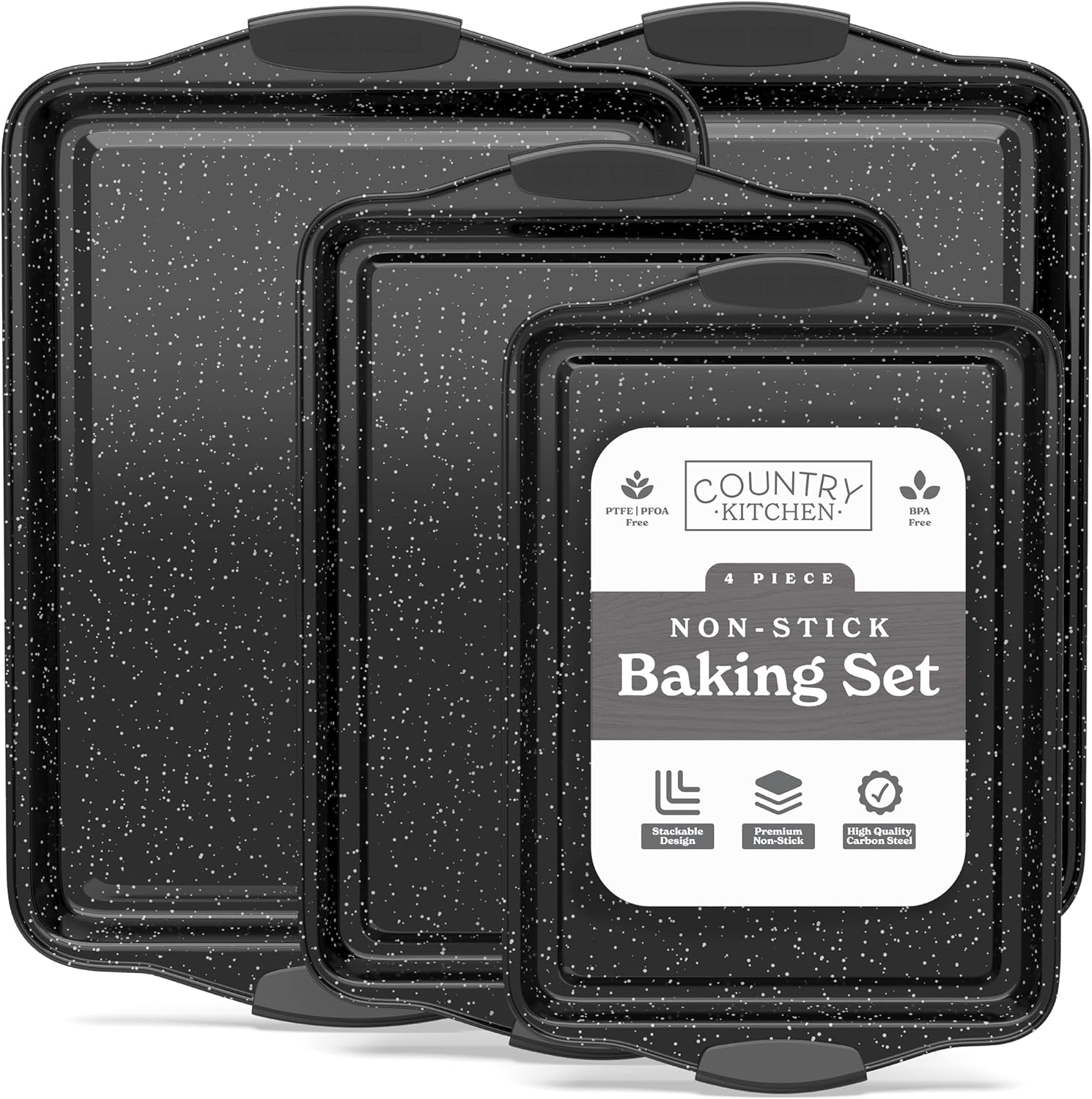 Country Kitchen Nonstick Stackable Bakeware Set - Heavy Duty, Durable, Easy Release Baking Set, Black, 4 Pcs