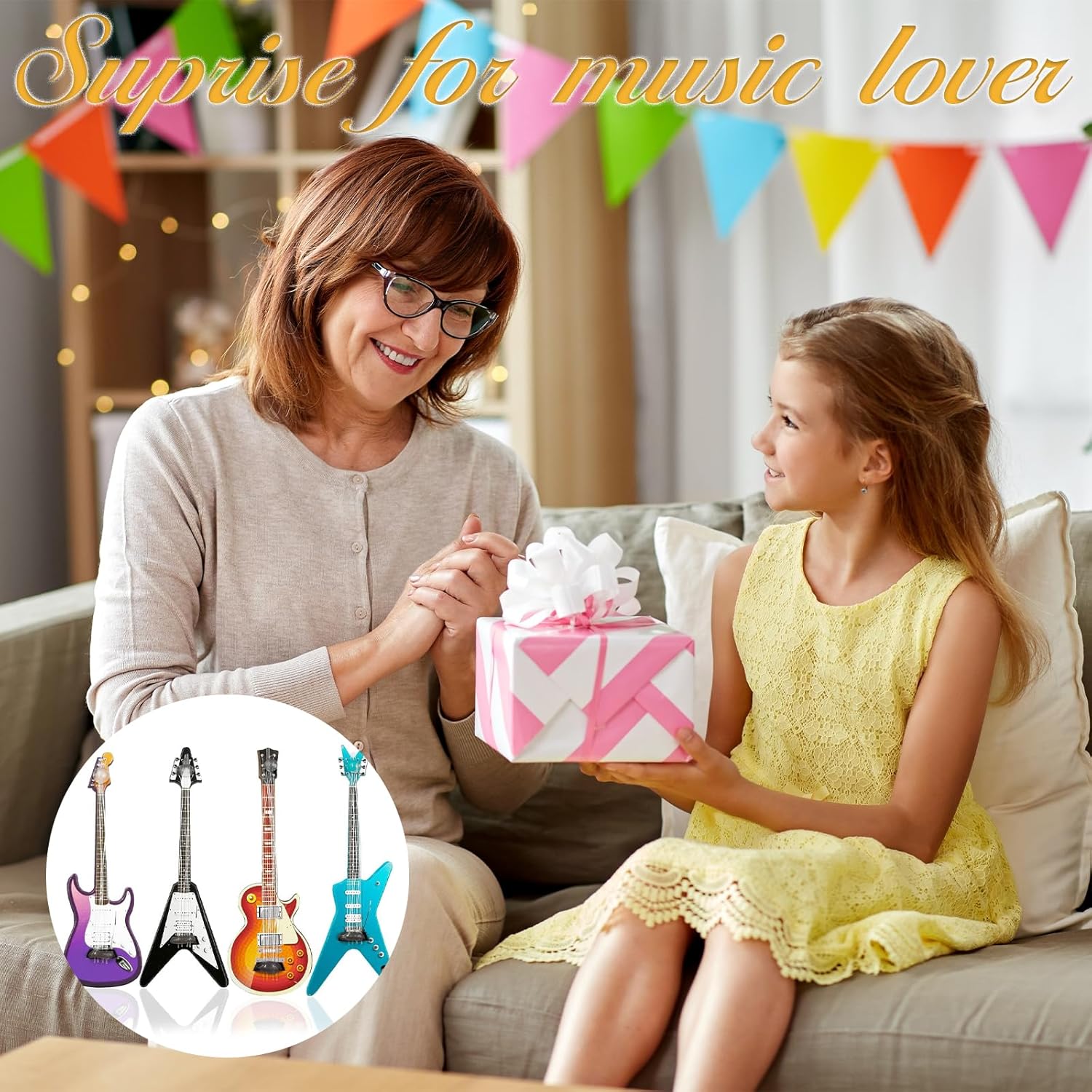 4Pcs Mini Guitar Set, Miniature Electric Guitar & Bass Guitar Ornament, 1:12 Scale Wooden Miniature Musical Instrument for Dollhouse, Mini Music Room, Home Decoration, Guitar Décor - Image 7