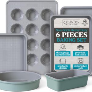 Country Kitchen Nonstick Stackable Bakeware Set – Durable, Easy Release Baking Set, Sage, 6 Pcs