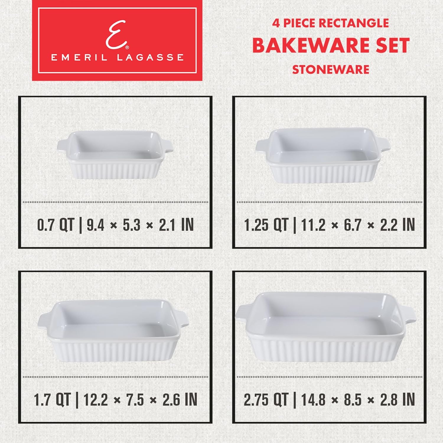 Emeril Lagasse Casserole Dishes for Oven, 4pc Ceramic Bakeware Set, Rectangular Deep Lasagna Pans with Handles, White - Image 2