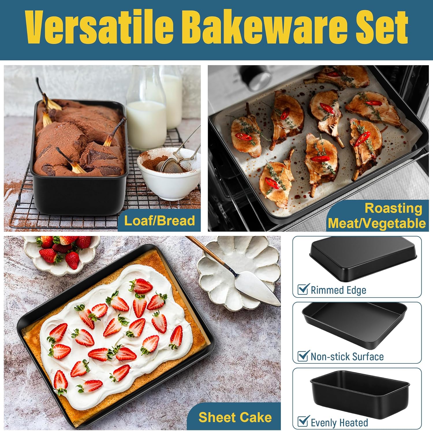 E-far 6-Piece Bakeware Sets, Nonstick Stainless Steel Baking Pans Set - 8x8 Square/Round Cake Pan/Muffin/Loaf Pan/Roasting Tray/Cookie Sheet - for Kitchen Oven Cooking Lasagna Brownie Casserole, Black - Image 4