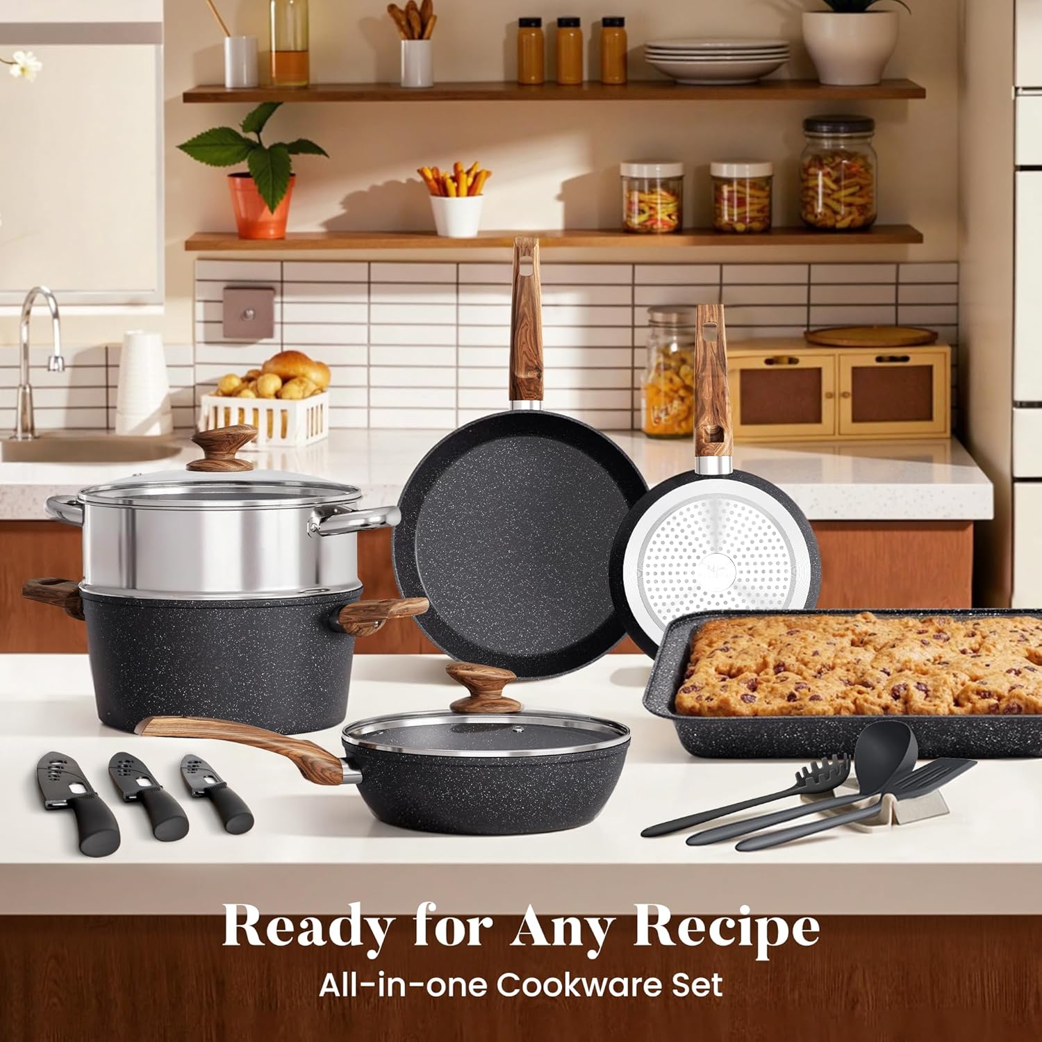 Kitchen Induction Cookware & Bakeware Set - 30 Piece Black Granite Cooking Pans Set, Non-Stick Pots and Pans Set - Image 5