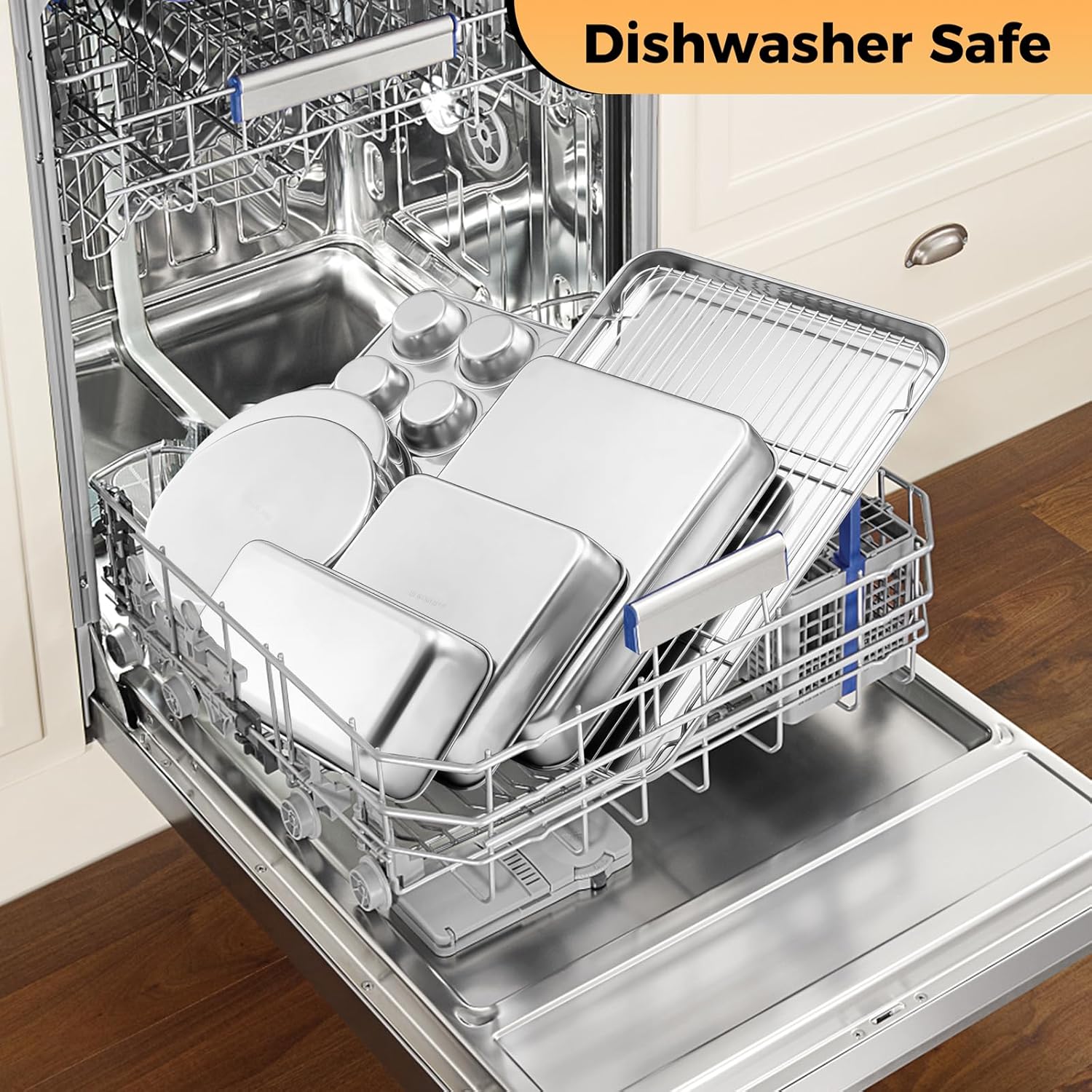 E-far Stainless Steel Baking Pan Set, 6-Piece Metal Bakeware Sets Include Cookie Sheet, Round Square Rectangle Cake Pans, Non-toxic & Dishwasher Safe - Image 7