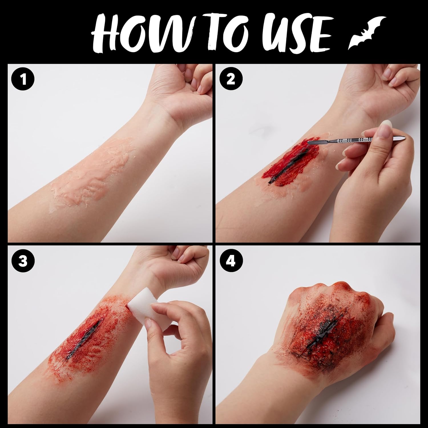 Spooktacular Creations 8 PCS Halloween Makeup Kit SFX Face Body Paint Set with Wound Scar Wax,12 Colors Face Paint Palette,Fake Blood,Spatula,Brushes for Halloween Costume,Zombie Makeup Dress Up - Image 8