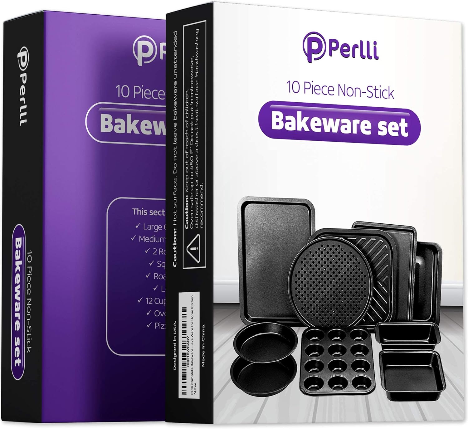 Perlli Baking Pan 10 Piece Set Nonstick Carbon Steel Gray Oven Bakeware Kitchen Set, 2 Cookie Sheets, 2 Round Cake Pans, Square Pan, Roasting Pan, Loaf Pan, Crisp Pan, Pizza Crisper, & Muffin Pan - Image 8