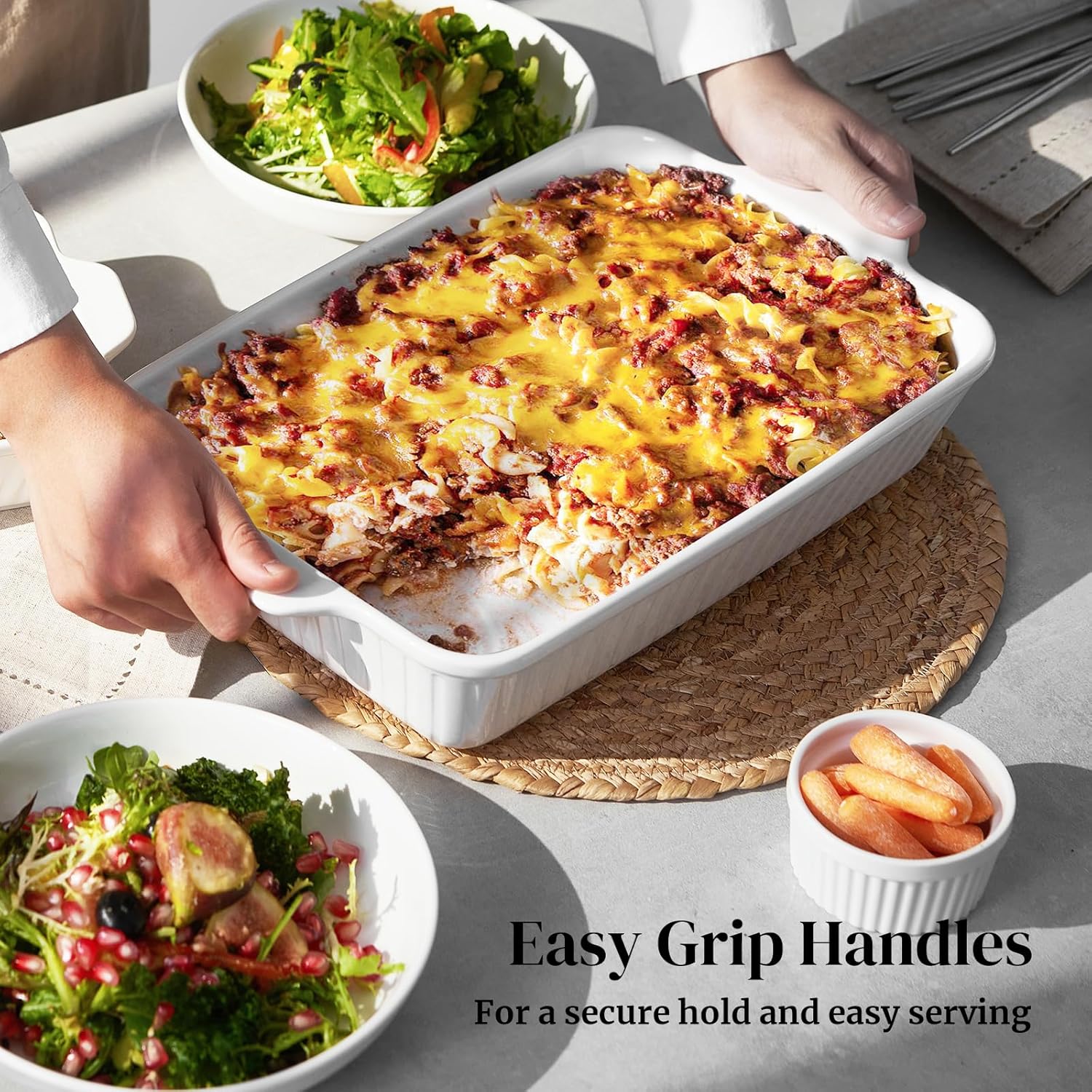 DOWAN Casserole Dishes for Oven, Baking Dishes Set, Ceramic Bakeware Sets of 3, Lasagna Pan Deep, Rectangular Baking Pan Set with Handles for Baking, Casserole, Kitchen, Wedding Gift, Soft White (15.6''/12.2''/8.9'') - Image 5