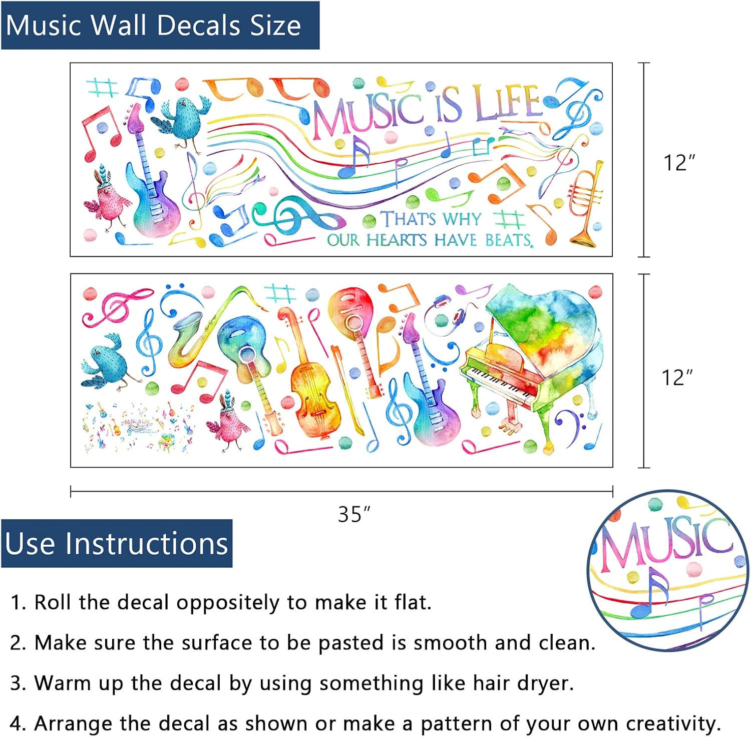 Yovkky Watercolor Music is Life Wall Decal Sticker, Peel Stick Musical Instrument Note Polka Dot Nursery Classroom Decor, Home Studio Piano Guitar Violin Saxophone Decoration Kid Bedroom Playroom Art - Image 2